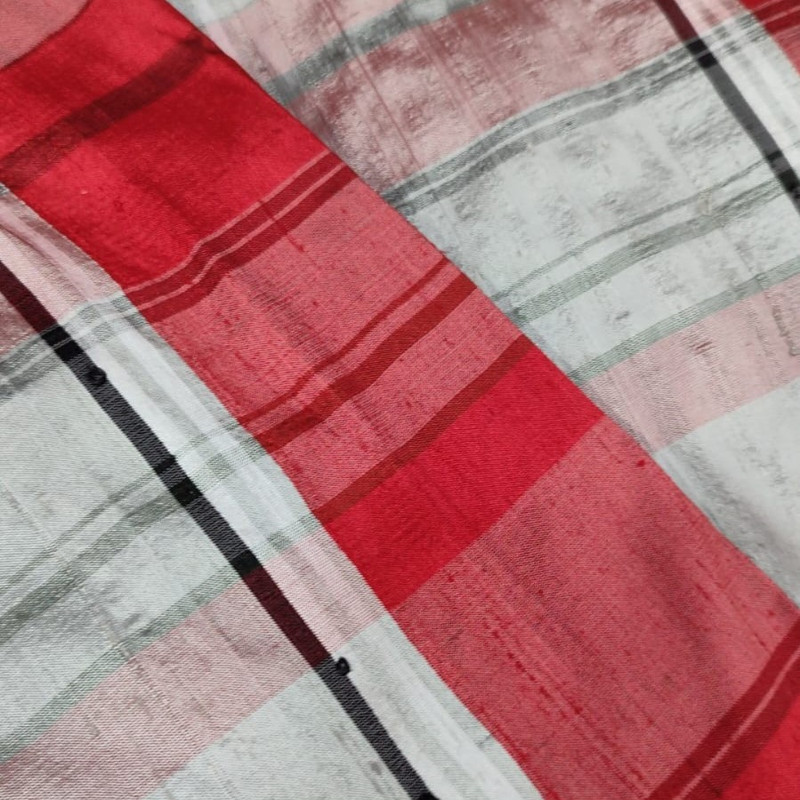 Raw Silk Dupion-Red & White-Check