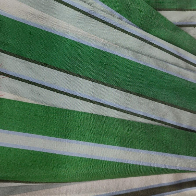 Dupion Silk -Green & White-Stripes
