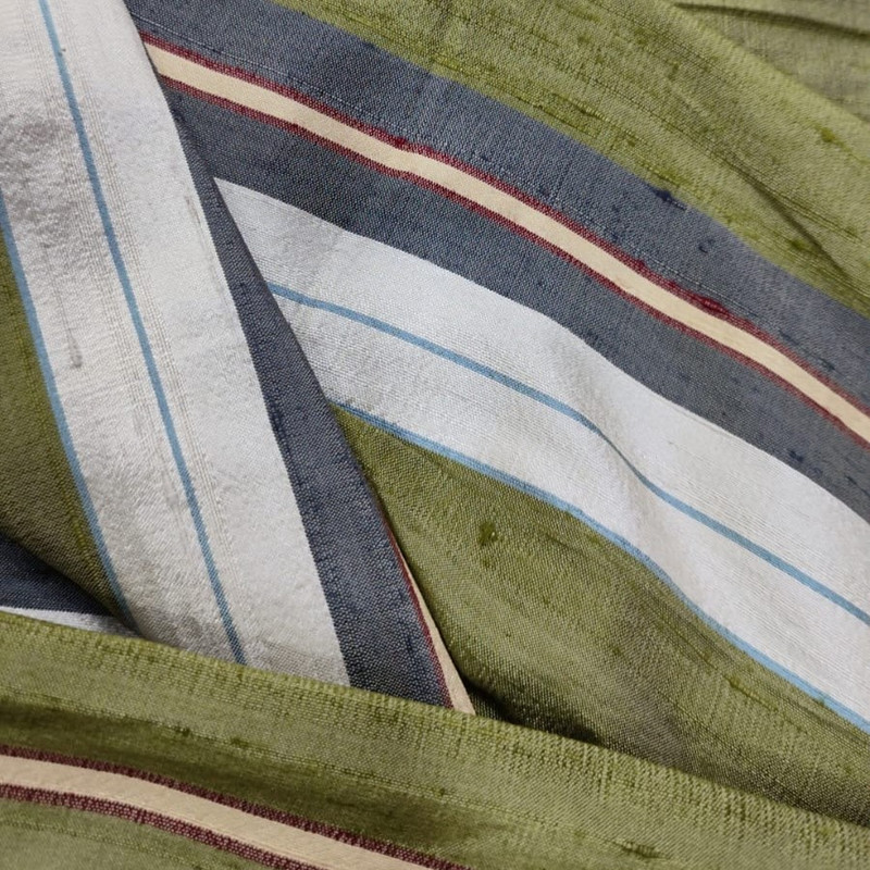 Raw Silk Dupion-Grey & White& Green-Stripes