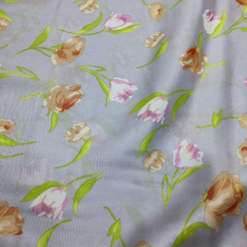 Grey Base Floral Print On Chiffon Satin S23-CSP1