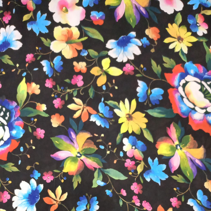 Floral Black Base Print On Korean Satin S24 KSPS24
