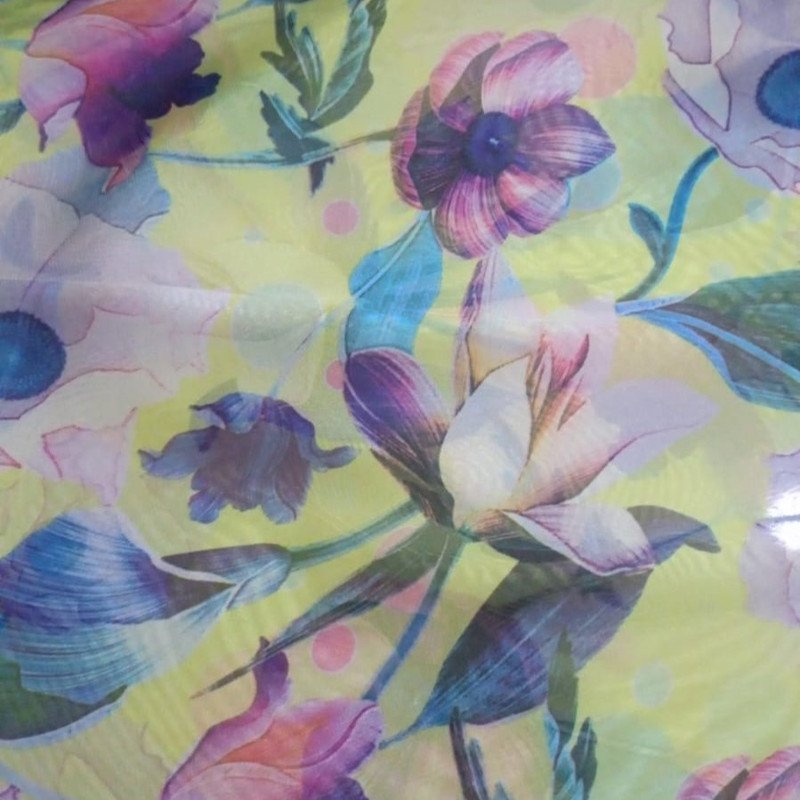 Yellow Base Flowers Print On Habutai Satin S24 HSPS61