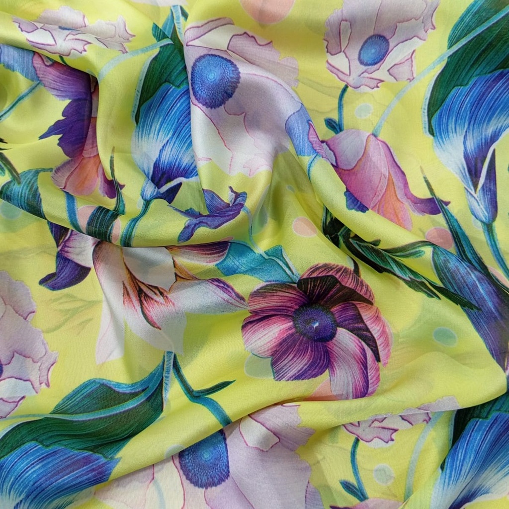 Yellow Base Flowers Print On Habutai Satin S24 HSPS61