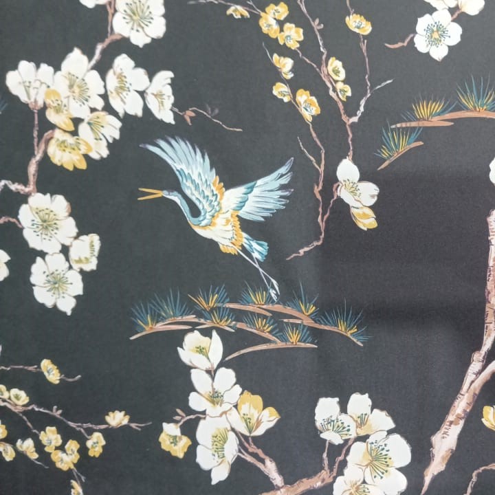 Swan Black Base Print On Korean Satin S23-KSPS106