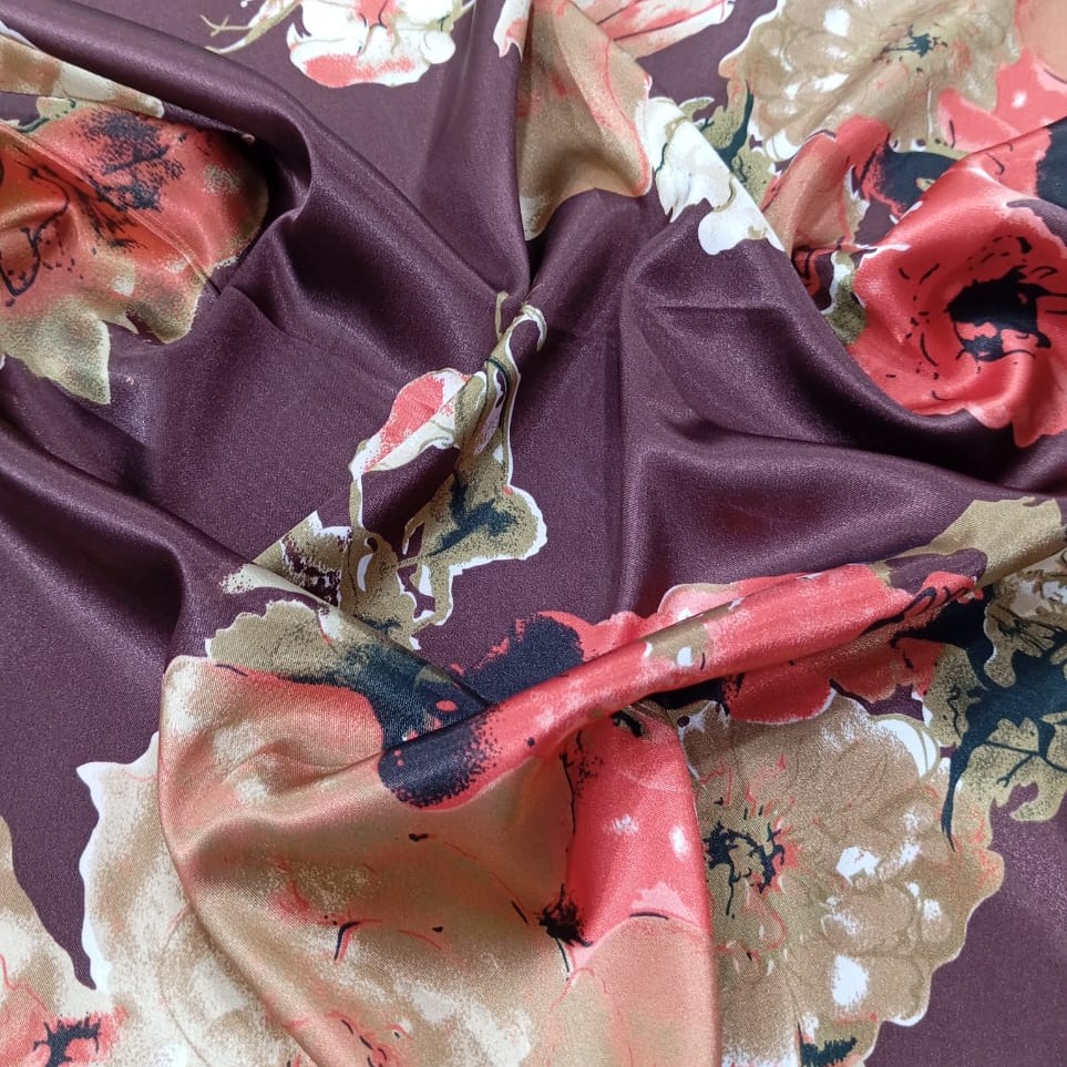 Sea Flower Brown Base Print On Satin Lycra S24 SLPS02