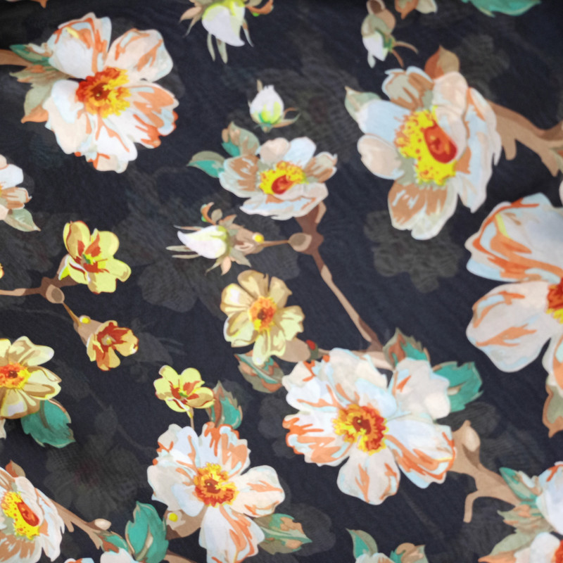 Black Base Flower  Print On Habutai Satin S24 HSPS92