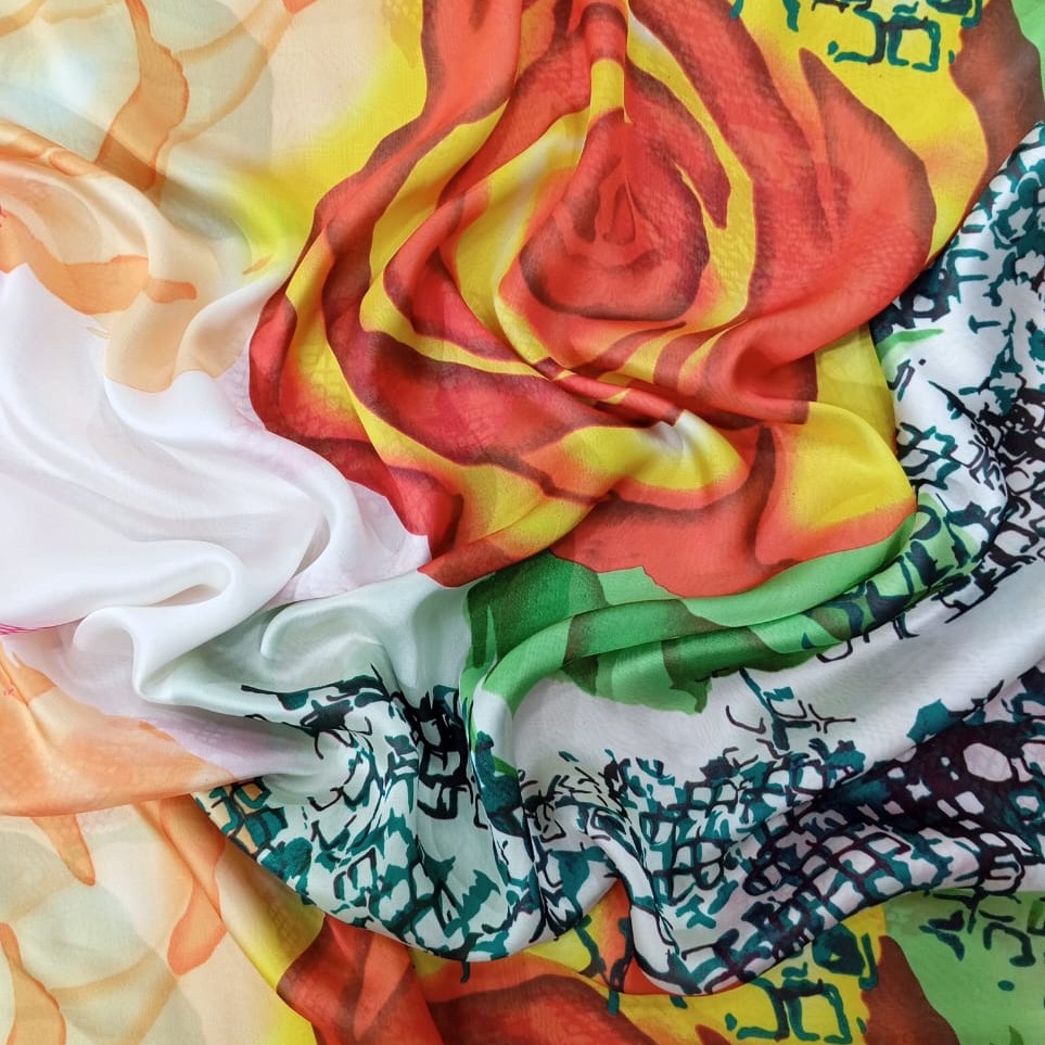 Orange & Red Rose Print On Habutai Satin S24 HSPS22
