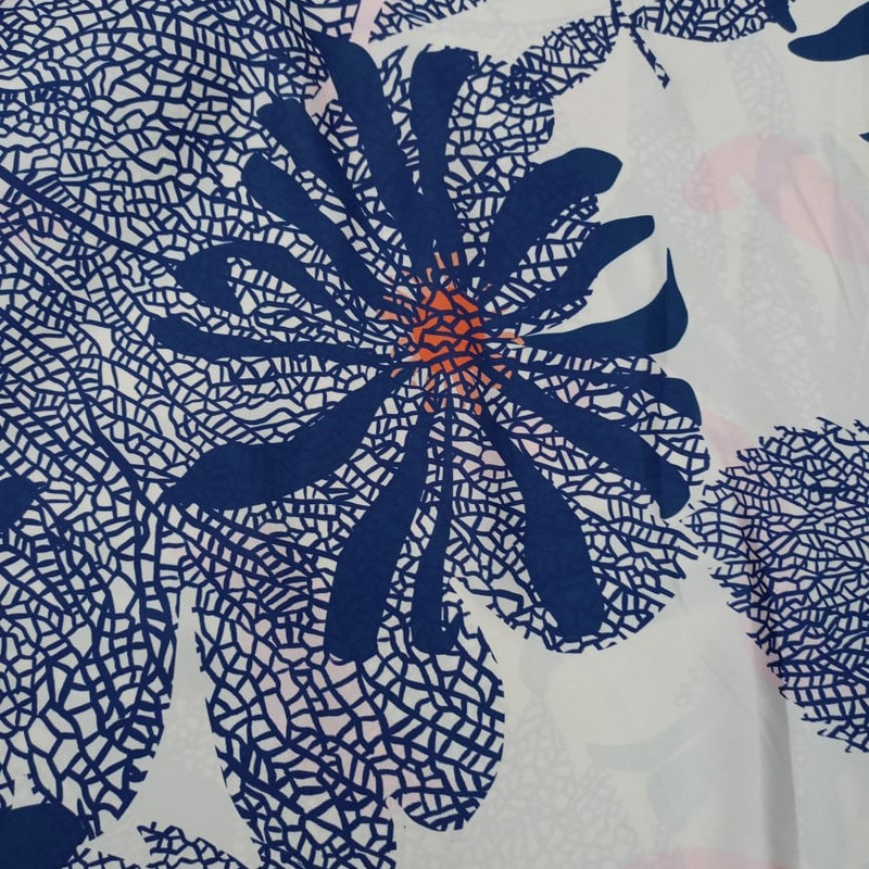 White Base Blue Floral Print On Korean Satin (SS24) KSPS134