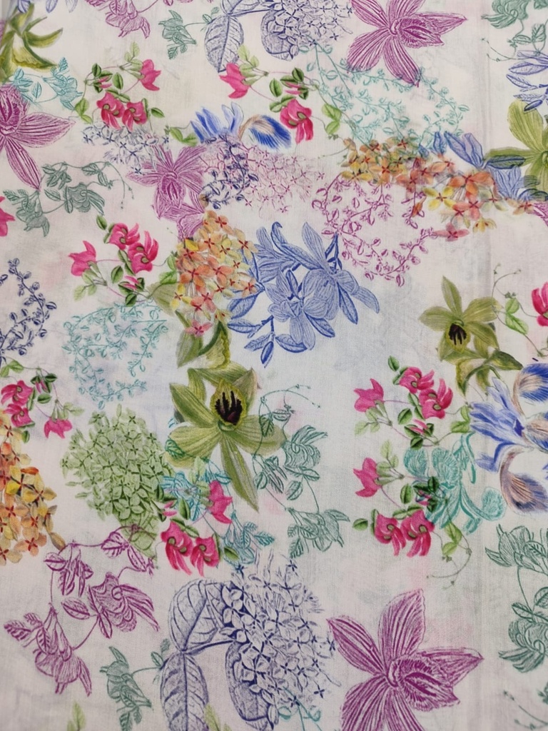 White Base Floral Print On Shushi Voile