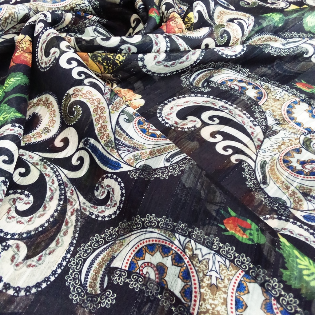 Black Henna Art Print on Chiffon Lurex