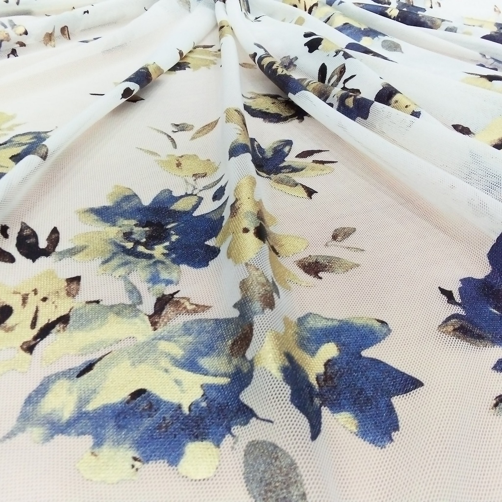 Blue Surf Floral Print On 3D Net S24  3DPS03