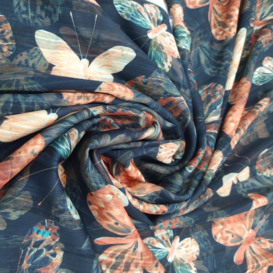 Sun-Kissed Teal Butterfly Print on Chiffon Lurex