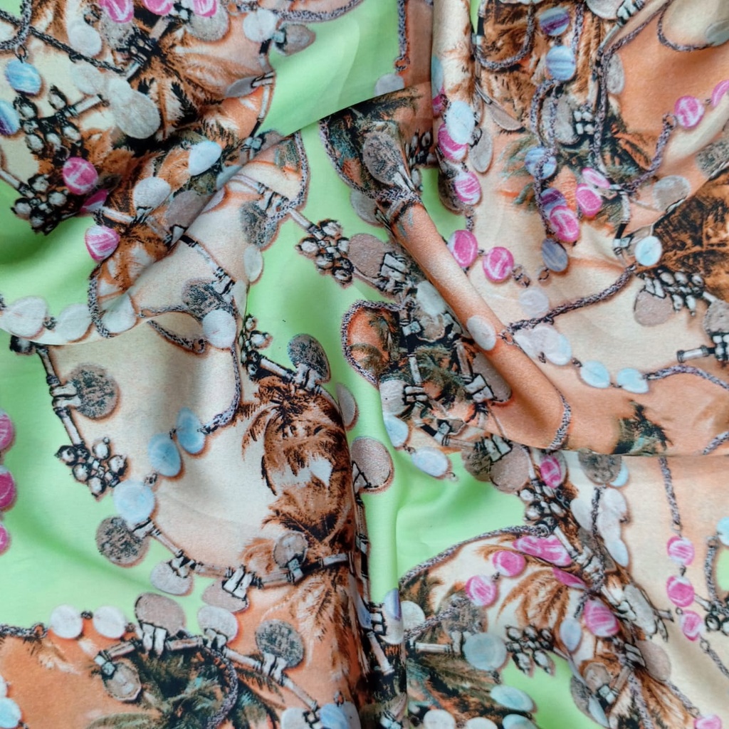 Green Traditional Print On Korean Satin S23 KSPS55