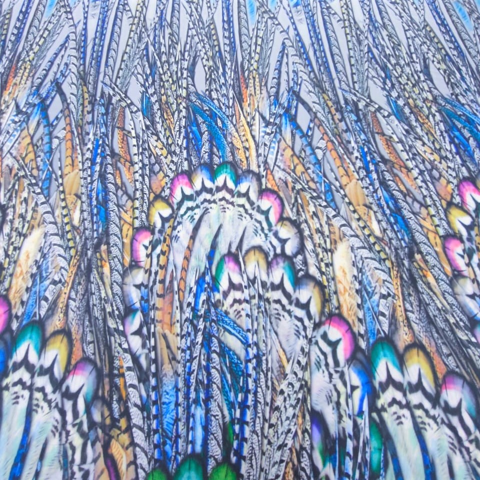 Multi Colour Peacock Far Print On Korean Satin S23-KSPS76