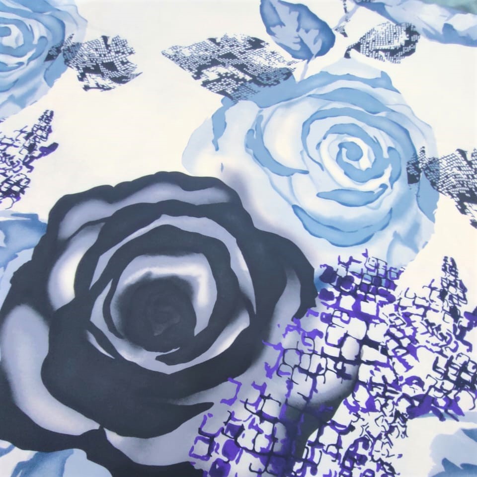 Black & Blue Print On Korean Satin S23-KSPS15