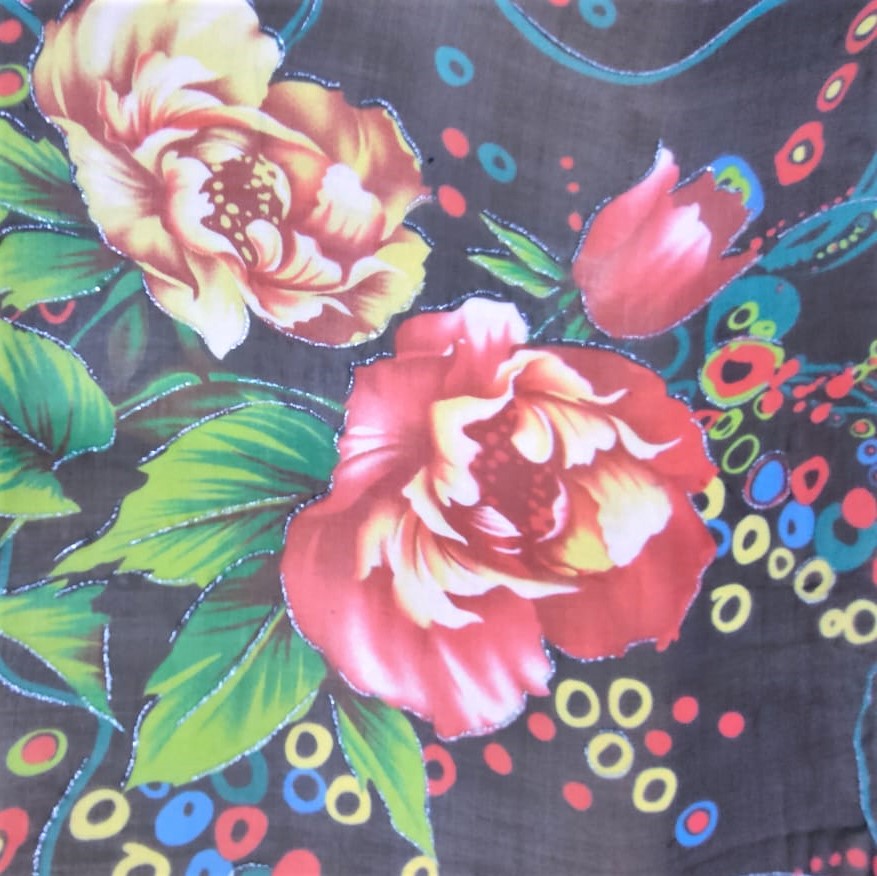 Black Base Roses Print On Silk Chiffon S23-SCPS228