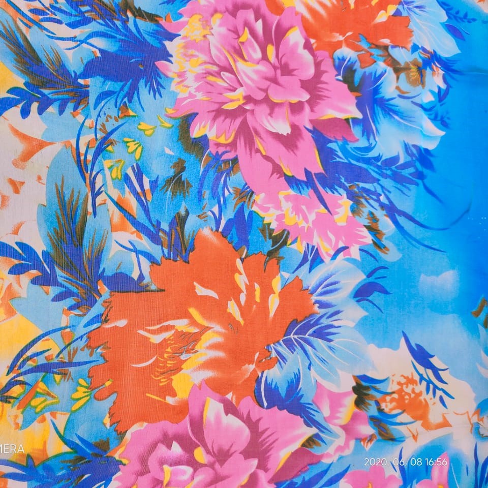 Blue Garden Print On Silk Chiffon S23-SCPS117