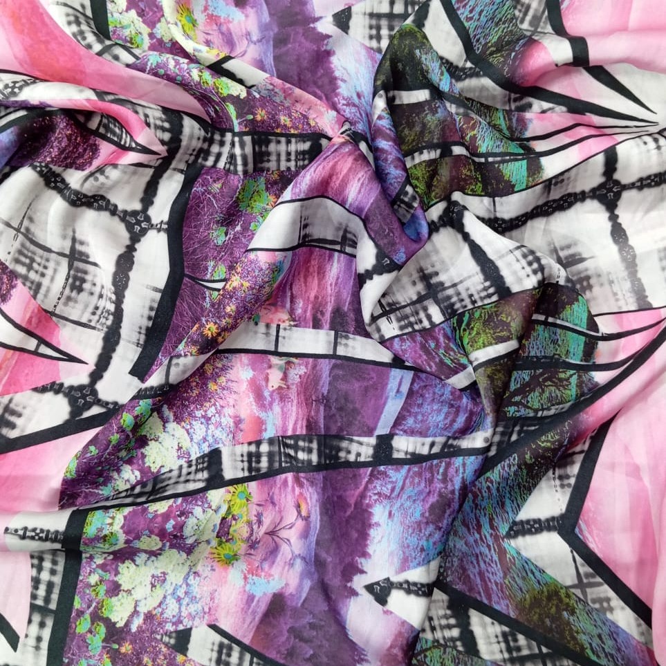 Voilet Mirror Garden Print On Korean Satin S23 KSPS111