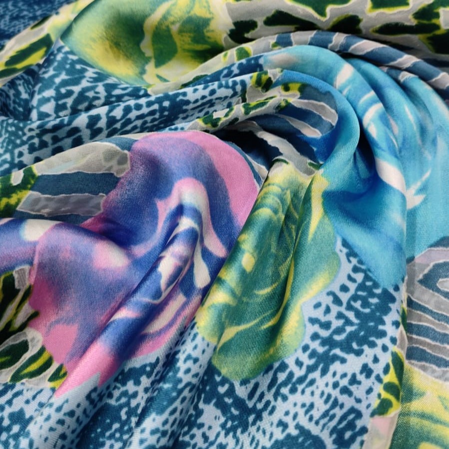 Sky Blue Flower Print On Silk Satin Burnout