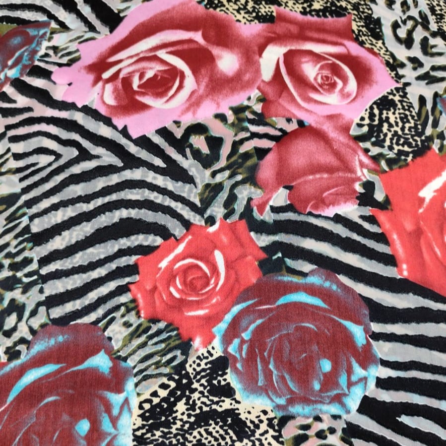 Zebra Floral Red Roses Print On Silk Satin Burnout