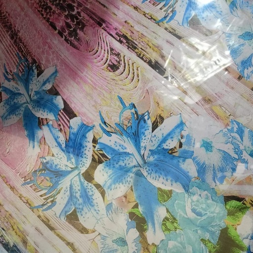Blue Lilly Flower Print On Habutai Satin S24 HSPS41