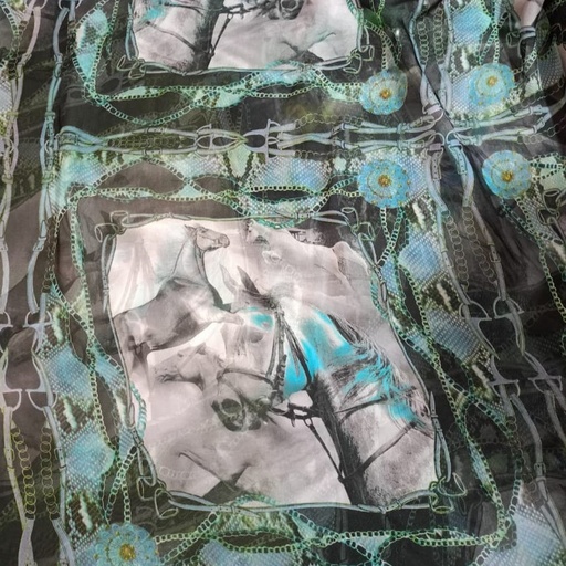 Blue Border Horse Print On Habutai Satin S24 HSPS55
