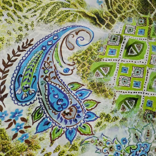 Green Base Blue Paisley Print On Habutai Satin S24 HSPS33