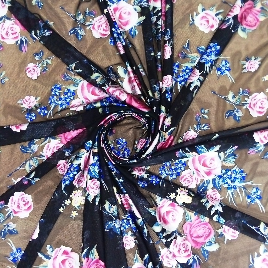Elegant Black & Pink Floral Print on 3D Net S24  3DPS05