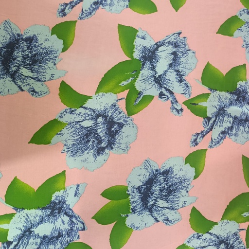 Peach Base Blue Flower Print On Korean Satin S24 KSPS92