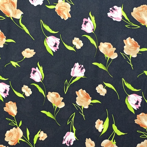 Black Base Flower Print On Habutai Satin S24 HSPS72