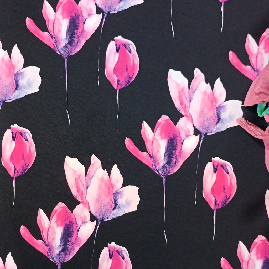 Flying Tulips (Black Pink) Print On Banana Crepe S23 BCPS14